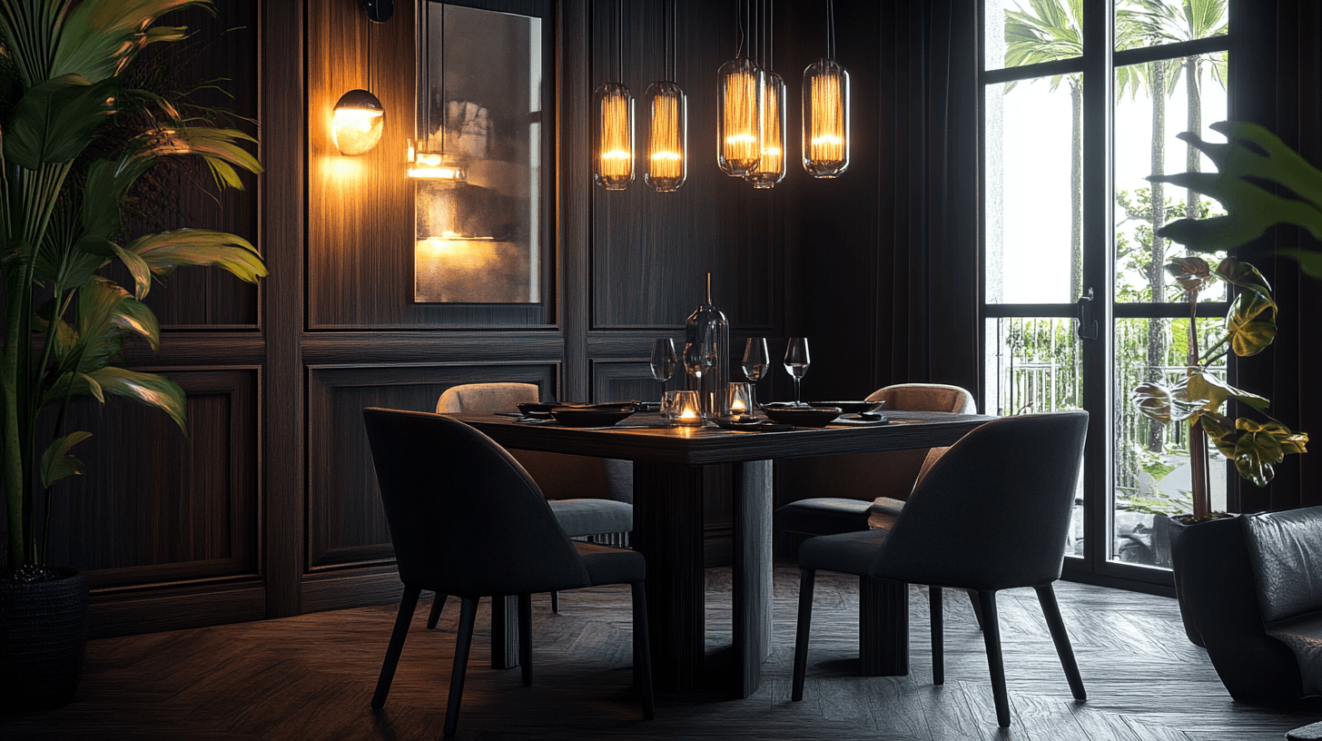Illuminazione nella sala da pranzo: mettere in risalto gli elementi in legno scuro