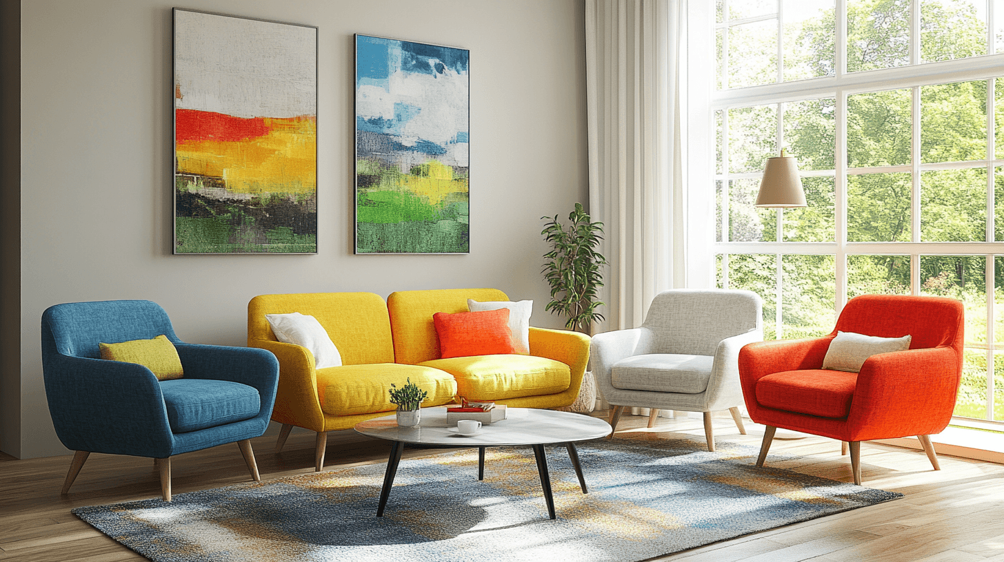 Combinazione di mobili colorati con elementi neutri
