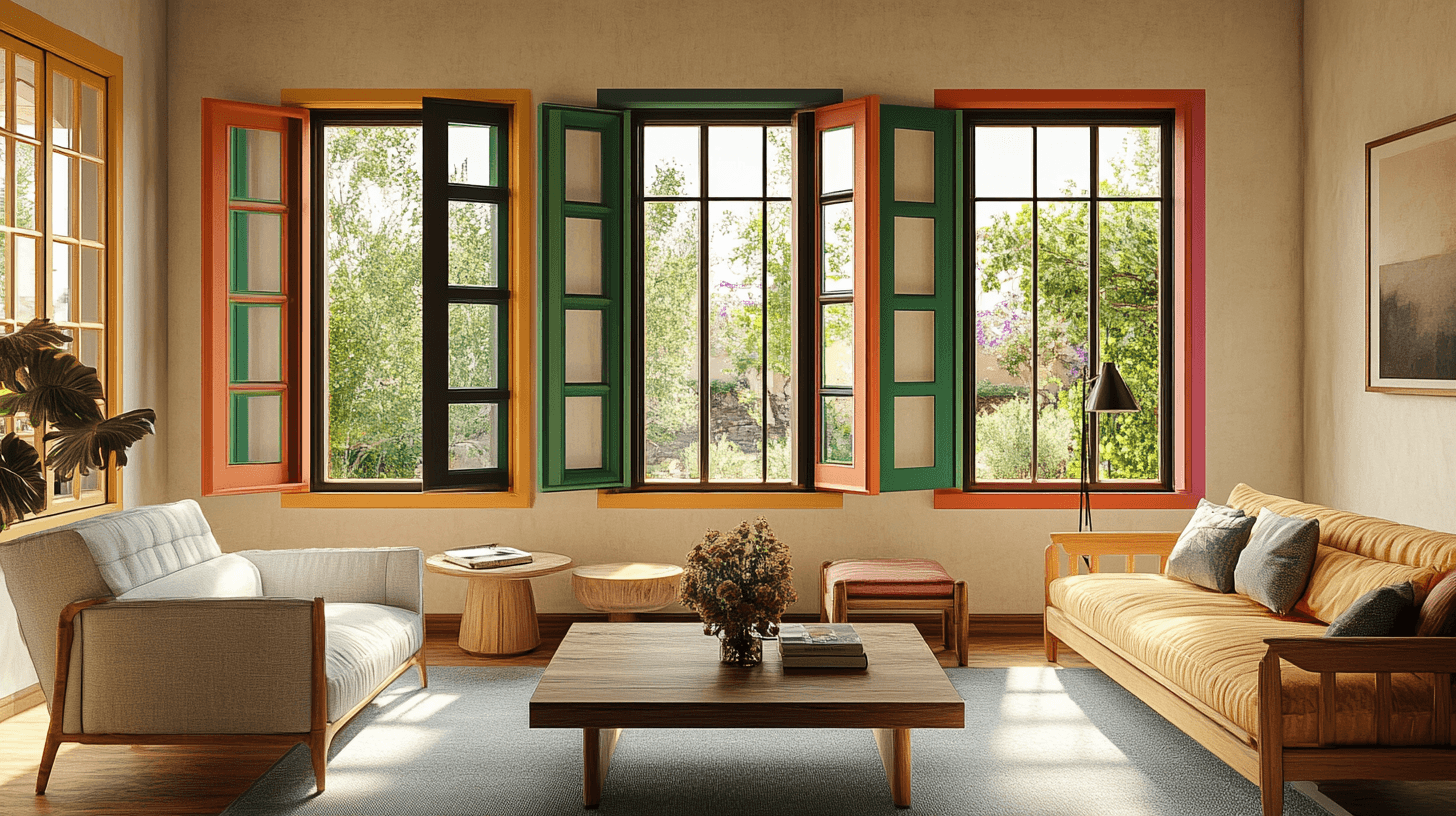 Combinazione di telai di finestre colorati con arredamento interno