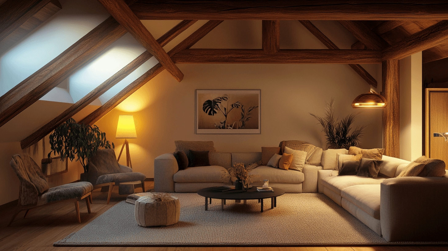 Soggiorno con travi a soffitto: Fascino rustico in una casa moderna
