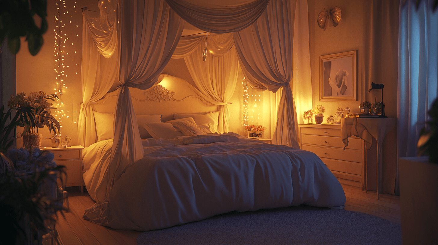 Camera da letto con letto a baldacchino: Romantica e accogliente