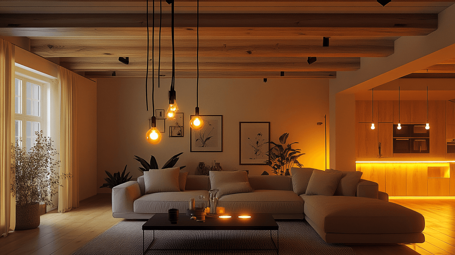 Idee di illuminazione per soggiorni con travi a soffitto