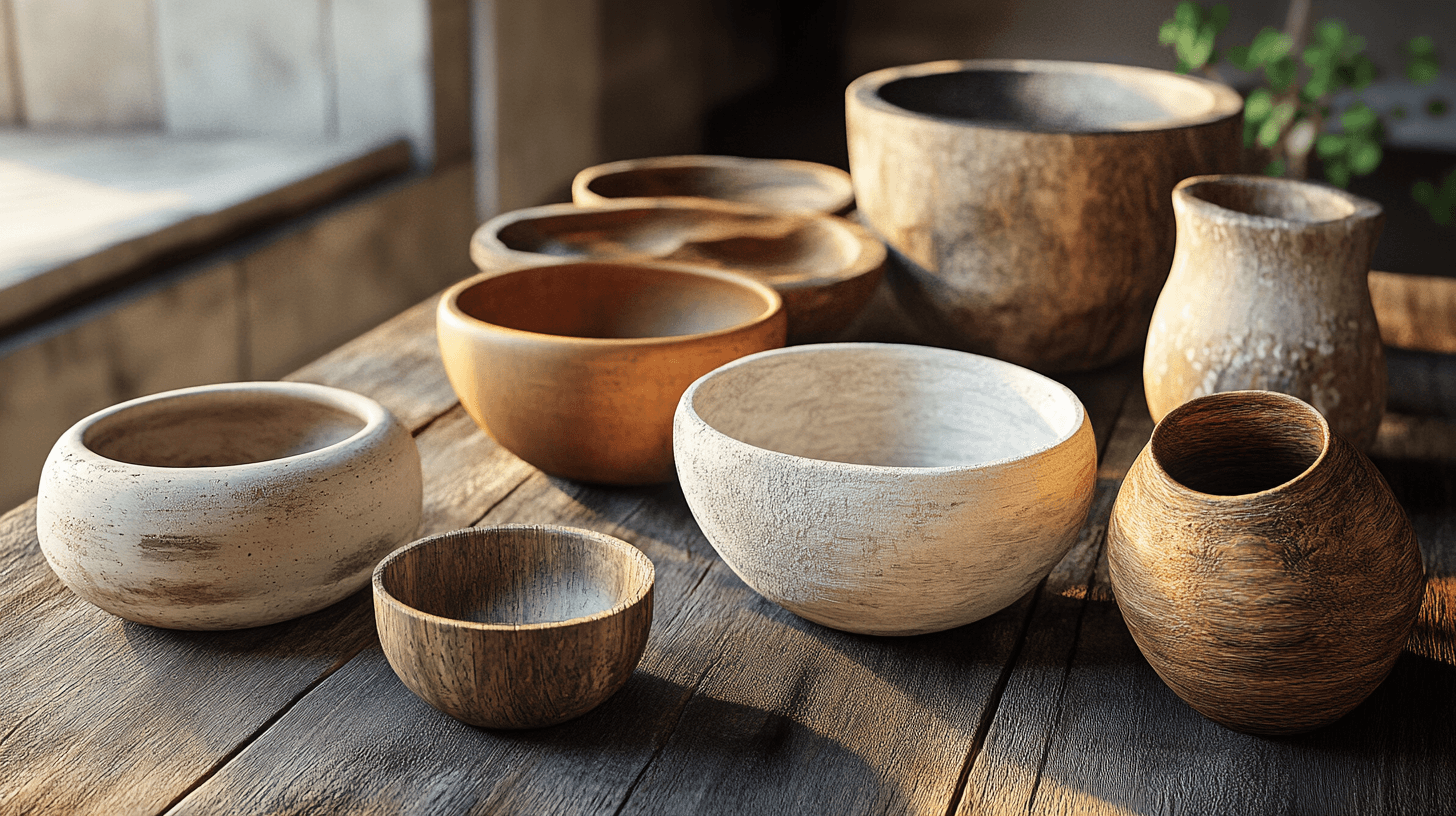 Ciotole e vasi in materiali naturali: legno, pietra e argilla