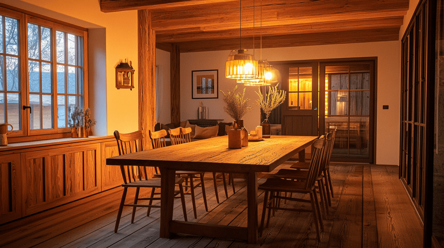 Sala da pranzo con elementi in legno rustico: natura e comfort