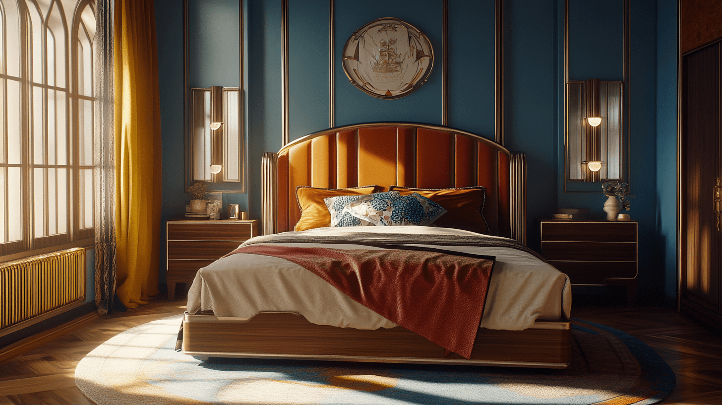 Schema dei colori nella camera da letto Art Déco: Toni vivaci e materiali pregiati