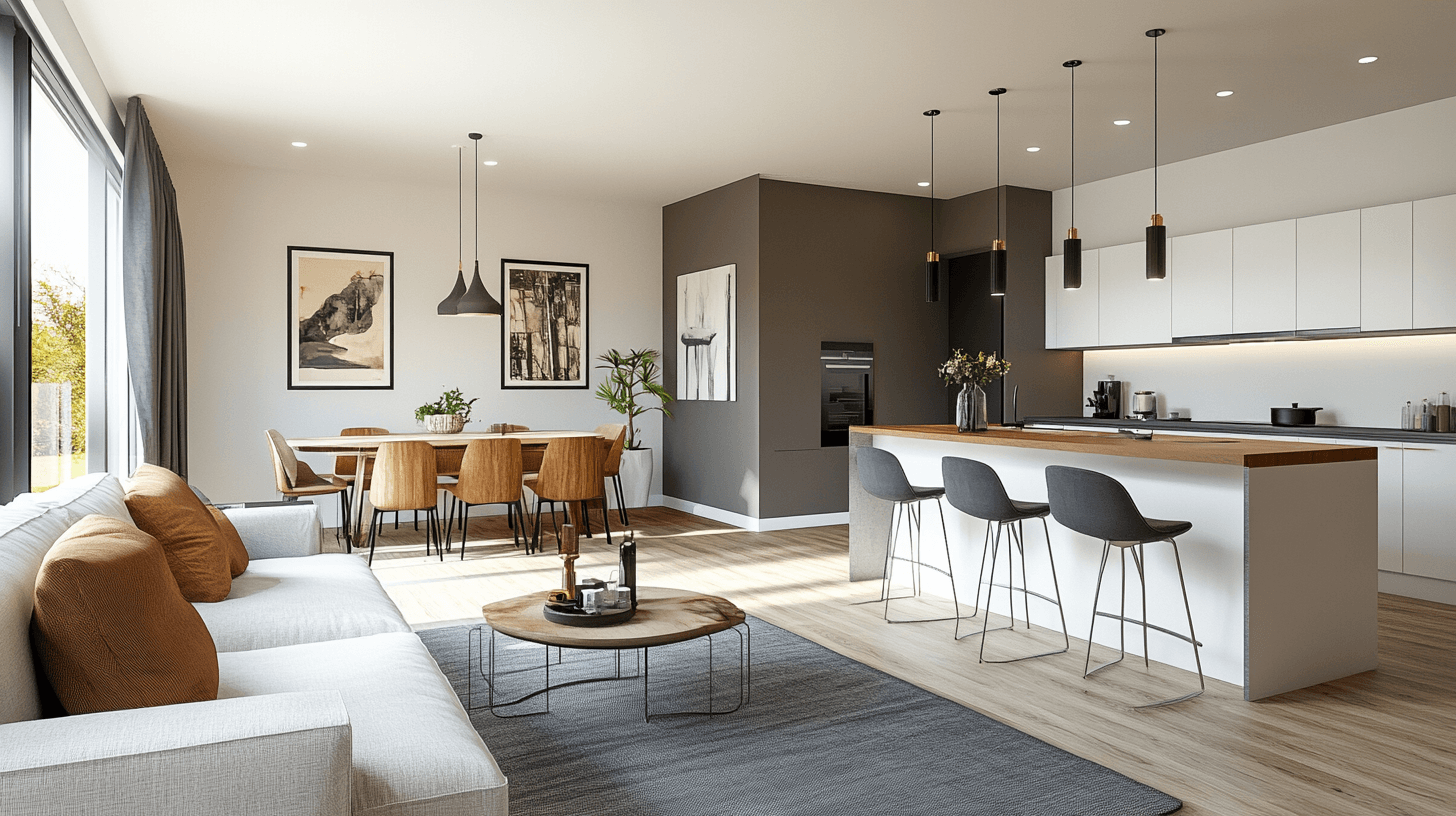 Soggiorno con cucina a vista e bancone da pranzo: Moderno e comunicativo