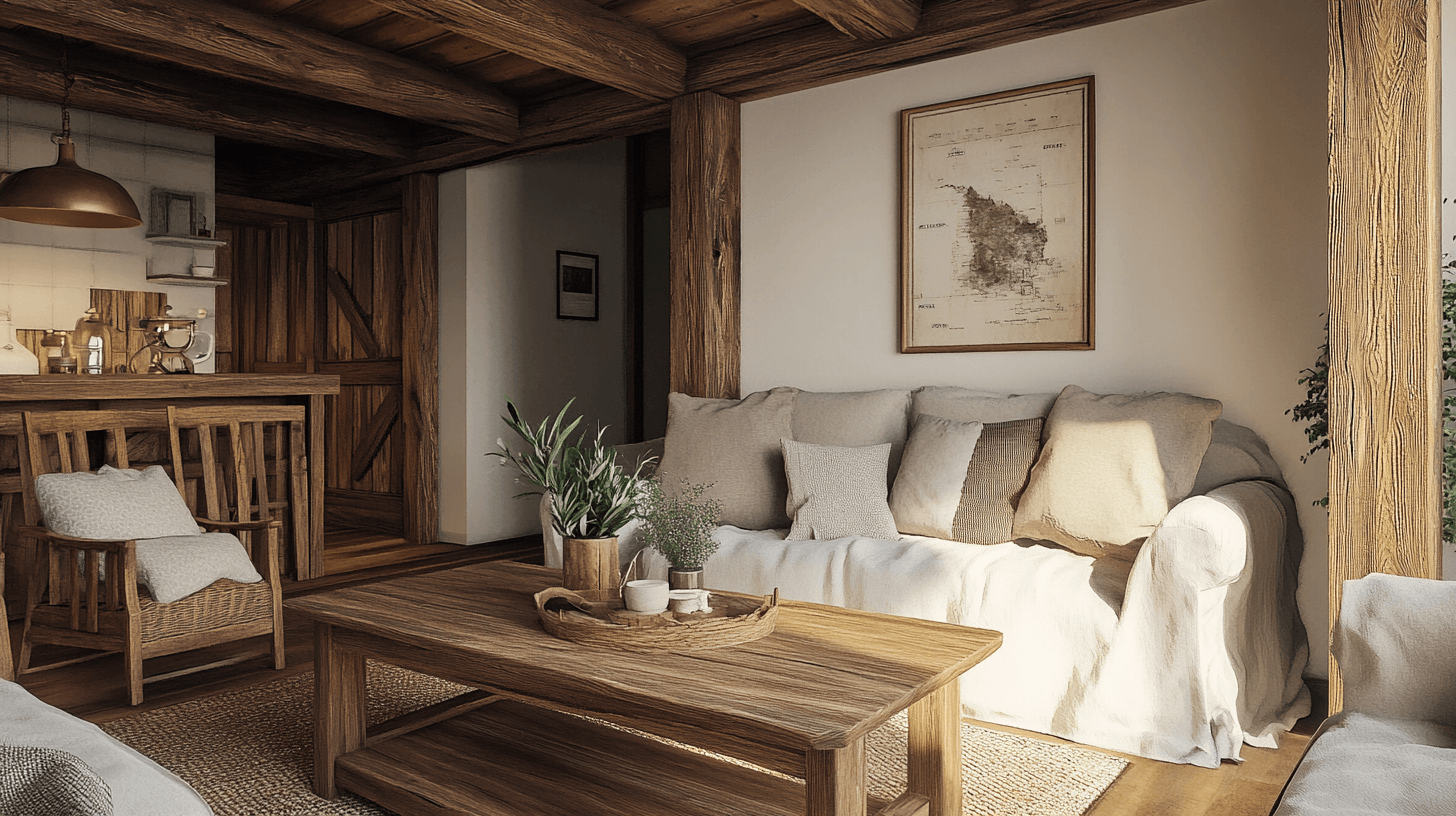 Soggiorno con elementi in legno rustico: natura pura nella stanza
