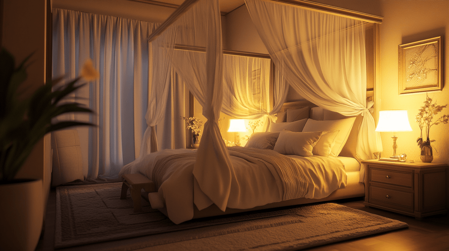 Consigli di design per una camera da letto romantica con letto a baldacchino