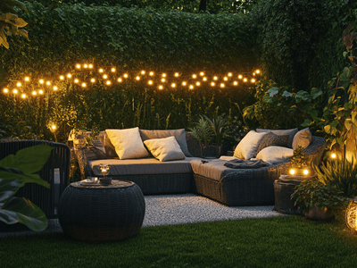 Garten mit gemütlicher Dekoration und Möbeln als zweites Wohnzimmer